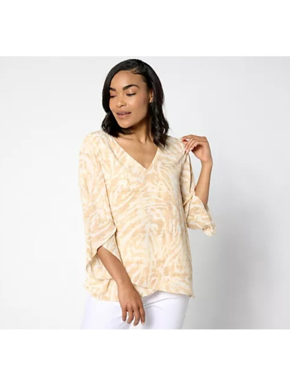 BEAUTIFUL by Lawrence Zarian Blouse sz 4X Paradise Printed V-Neck Beige A646348